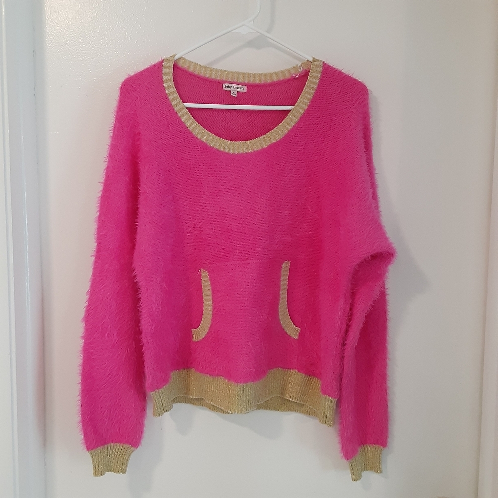 Juicy Couture Hot Pink Gold Trim Fuzzy Sweater Size L Womens